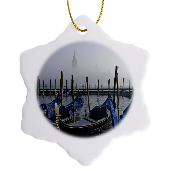3drose, Boats at St. Marks Square in Venice Italy, 3 inch Snowflake Porcelain Ornament