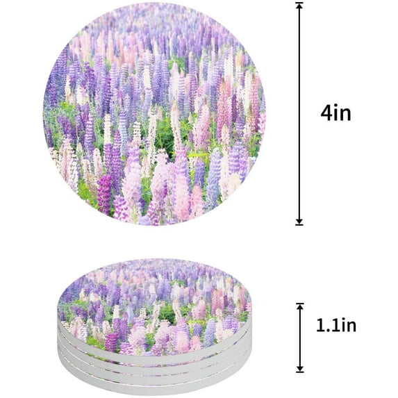 FMSHPON Lavender Set of 4 Round Coaster for Drinks, Absorbent Ceramic Stone Coasters Cup Mat with Cork Base for Home Kitchen Room Coffee Table Bar Decor