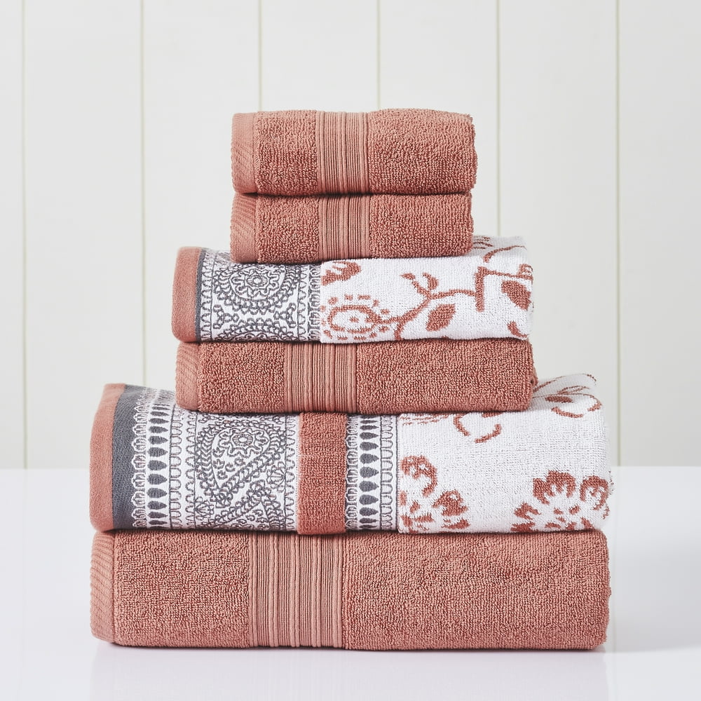 Modern Threads 6 Piece Floral Cotton Bath Towels, 27" x 54", Orange