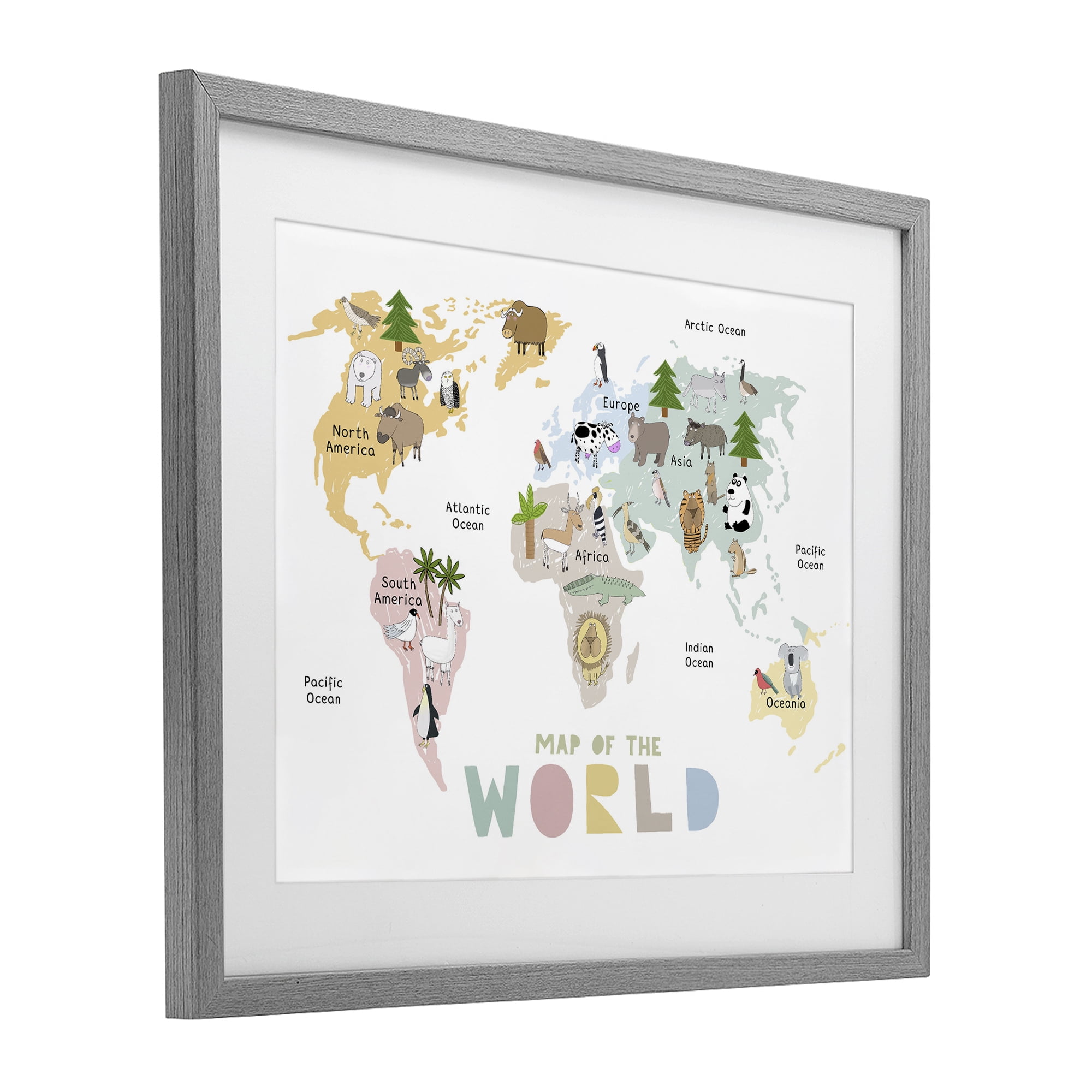 Map Of World Pastel Animals Gray Framed Print Under Glass, design by Carla Daly
