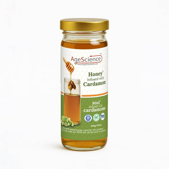 AgeScience Cardamom Infused Honey, Cardamom Flavoured Honey, GMP Certified, Miel Packed in Glass Jar - 300 Grams (10.6OZ)