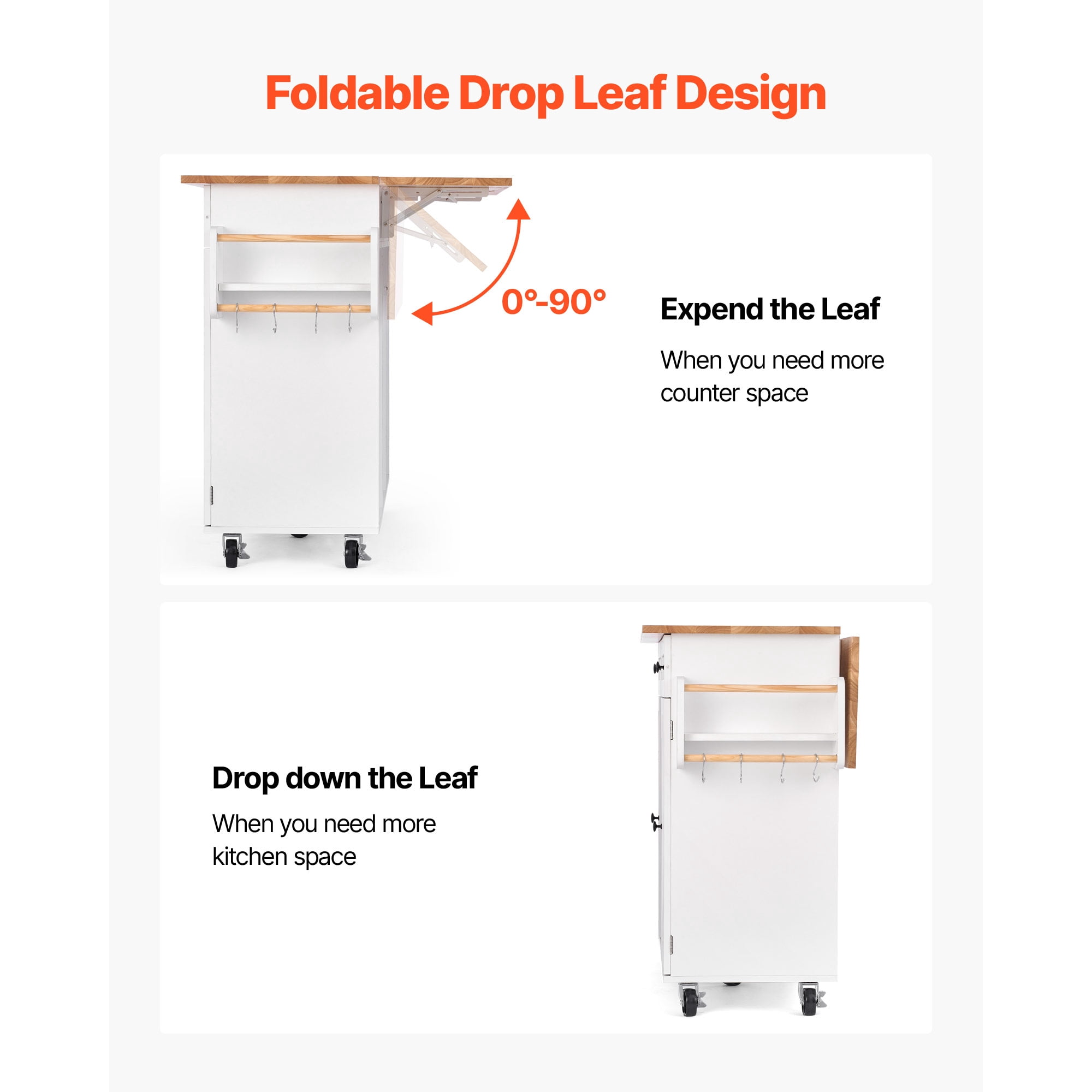 KFFKFF Kitchen Island Cart with Wood Top, Storage Cabinet, Drop Leaf, Drawers, Spice and Towel Rack, Rolling Table on Swivel Wheels, 52in Wide, White