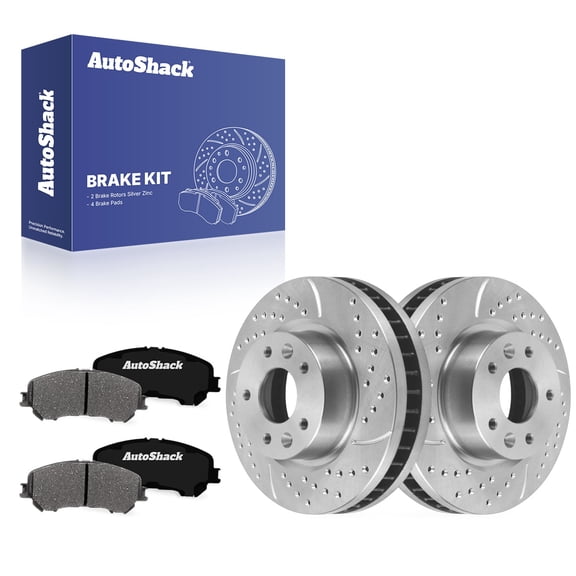 AutoShack Front Vented Drilled & Slotted Silver Zinc Coated Brake Rotors   Ceramic Pads 6-PC Brake Kit Replacement for 2014-2020 Nissan Rogue 2017-2019 Nissan Qashqai SilverShield Pro 11.65" (296 mm)