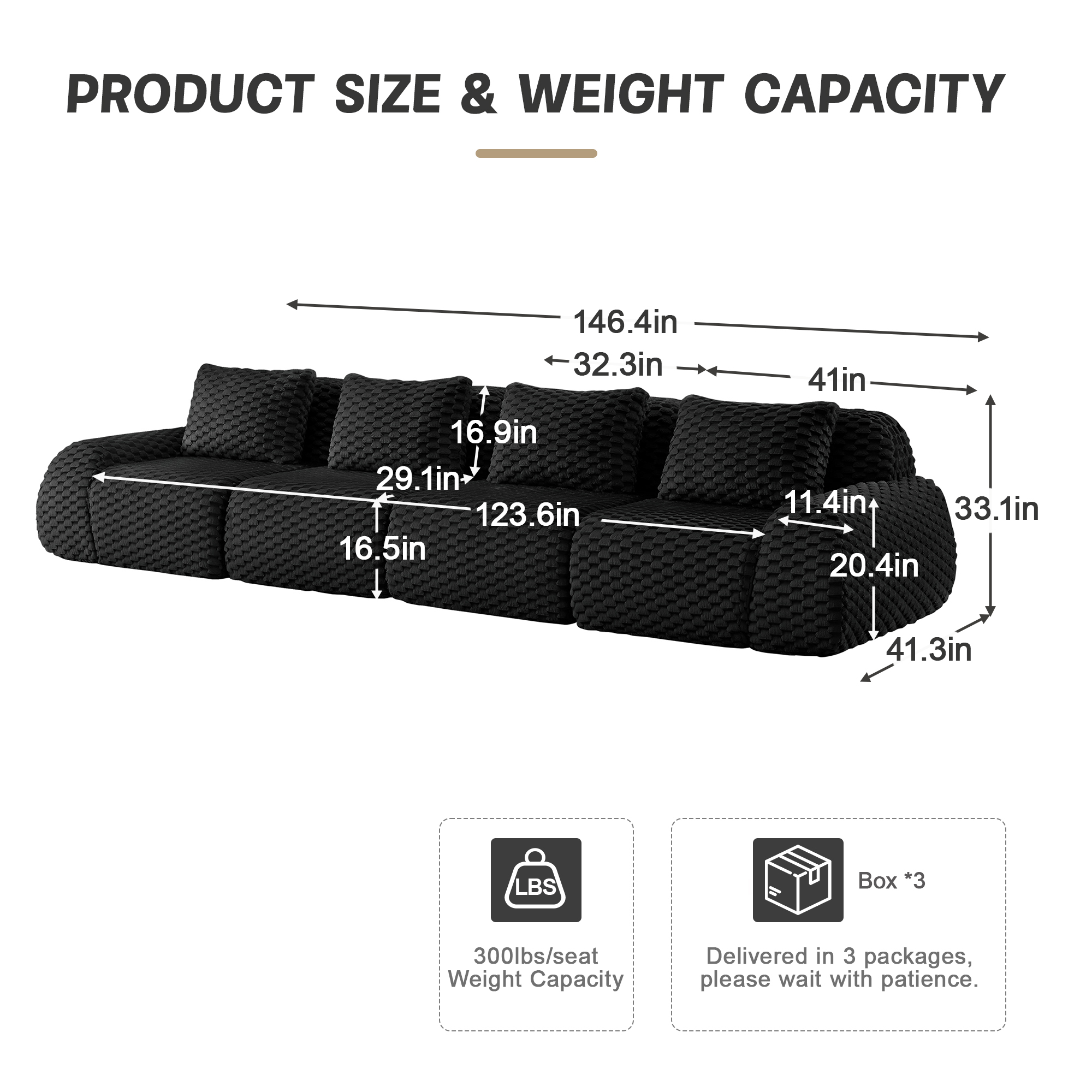 Alvantor 146" Cloud Modular Sectional Sofa Deep Seat Flannelette Boneless Couch for Living Room Bedroom Black