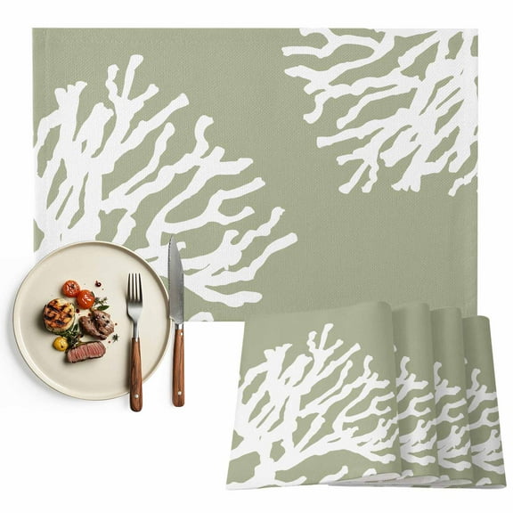 Placemats Set of 4, Sage Green Coral Placemats Set of 4, Marine Life Ocean Tablemats Washable Placemat Table Decoration for Kitchen Table Dinner Party Home Decor Indoor Outdoor 13x19 Inch