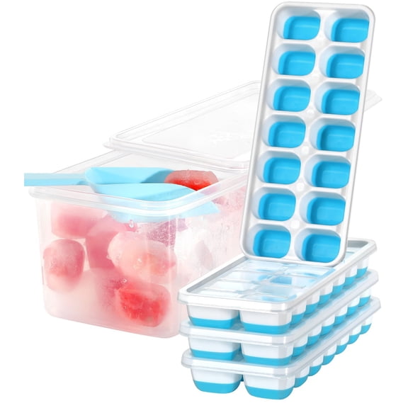 Silicone Ice Cube Trays with Lid and Bin - Easy Release, Silicone Easy-Release and Flexible 14-Ice Trays with Spill-Resistant Removable Lid, BPA Free, Durable and Dishwasher Safe, 4 Pack