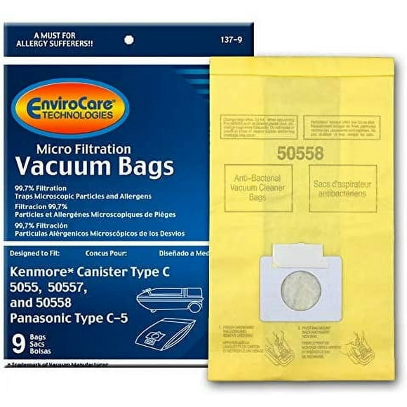 9 Kenmore Type C Canister Vacuum Bags. Fits Kenmore 5055 50557 50558 C & Q, Panasonic C-5 Bags Micro Allergen Filtration