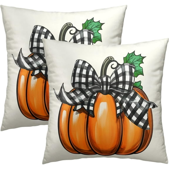 Fall Throw Pillow Covers 16x16 Inch, Set of 2 Orange Pumpkin Farmhouse Square Pillowcases Cotton Cushion Cover for Living Room Bedroom Couch Sofa Porch Cabin Seasonal Decor