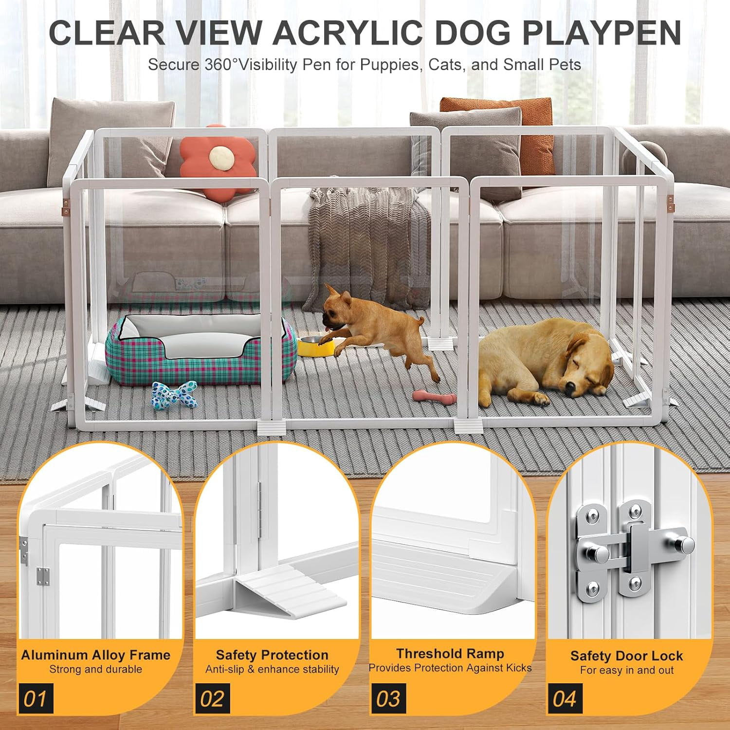 Slsy Indoor Clear Dog Playpen, Foldable Dog Playpen for Puppies, Cats and Small Animals, 26 Inch Clear Pet Puppy Playpen, 10 Panels, White Aluminum Frame