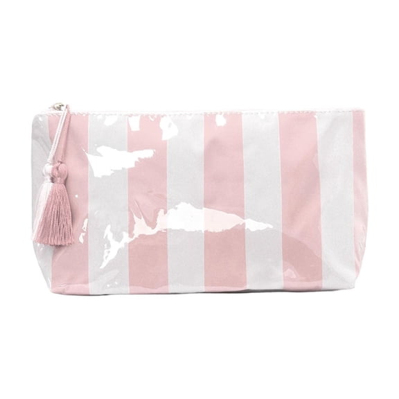 Qholemyo Striped Waterproof PVC Makeup Pouch with Tassel Zipper, Stylish Cosmetic Bag for Travel & Daily Use, Great Gift for Women