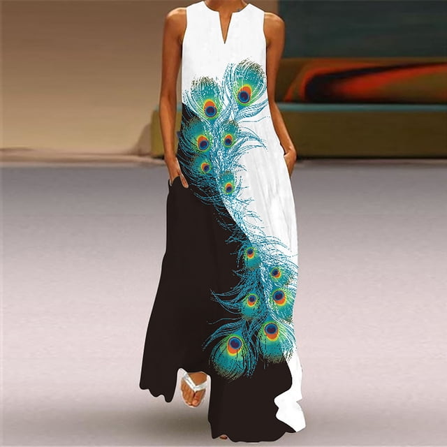 SMihono Robe Maxi Bohème d'Été pour Femmes Grande Taille Robe Longue Décontractée avec Poche Imprimé Floral Sans Manches Robe Maxi de Plage
