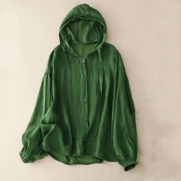 Bwndum Womens Lightweight Jacket Casual Hooded Windbreaker Snap Button Front Puff Sleeve Spring Jacket with Drawstring Hem and Pockets Green,Size M