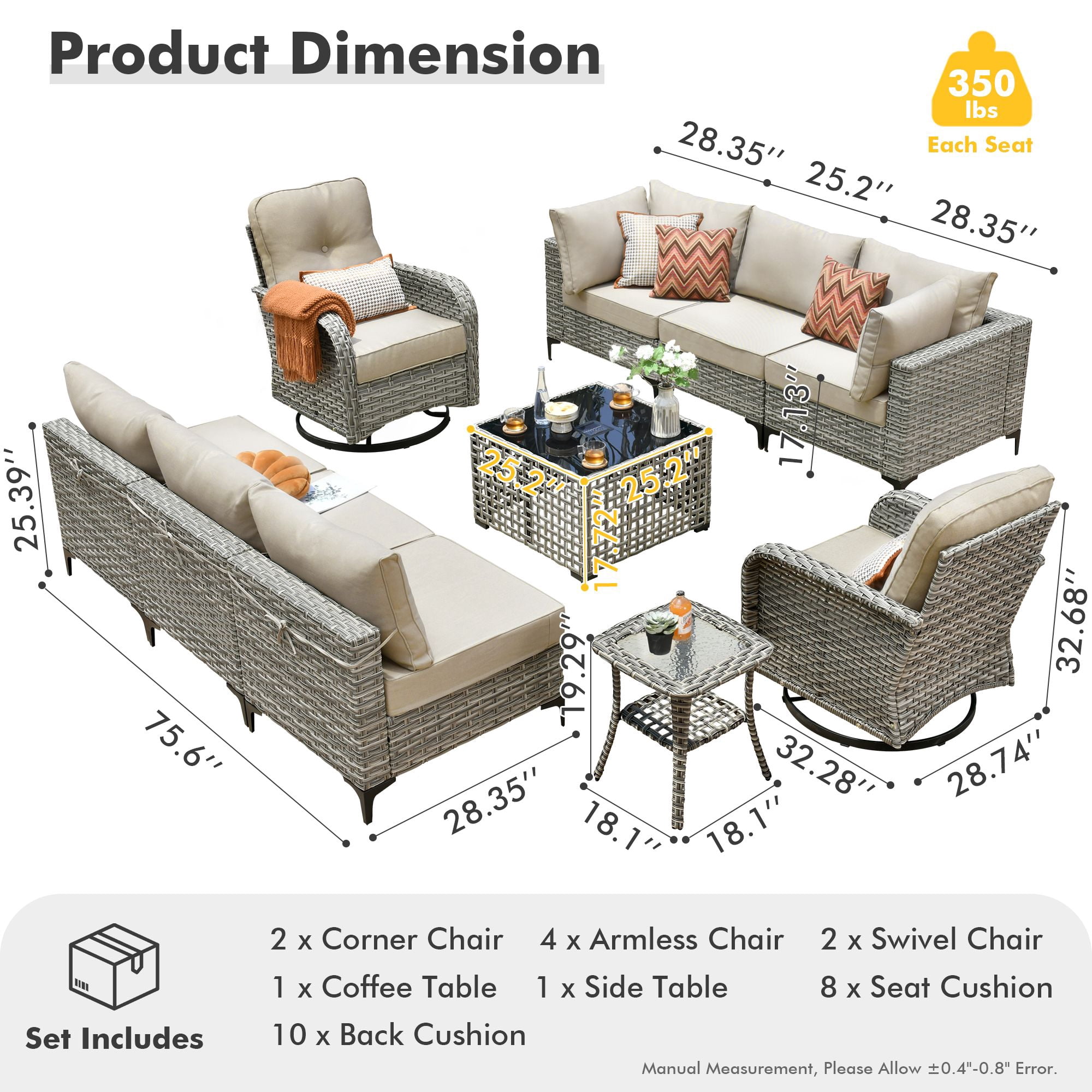 XIZZI 10 Pieces Wicker Patio Furniture with Swivel Rocking Chair Rattan Outdoor Conversation Set Modular Patio Sectional Sofa with Lighting Coffee Table for Balcony, Porch, Backyard, Beige
