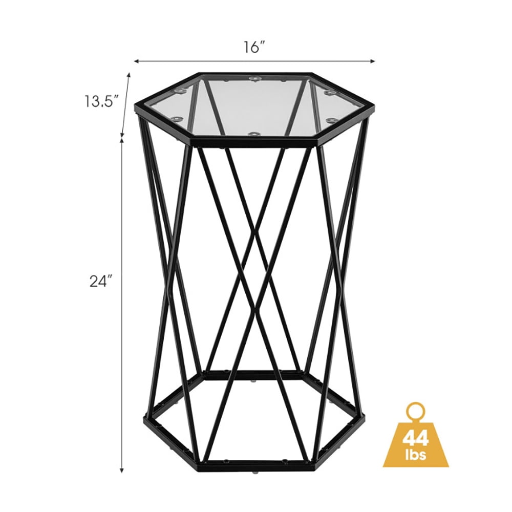 Finihen End Table, Hexagonal Accent End Table with Tempered Glass Top and Metal Frame, Bed Side Table, for Living Room, Bedroom, Black Finihen End Table, Hexagonal Accent End Table with Tempered Glass Top and Metal Frame, Bed Side Table, for Living Room, Bedroom, Black