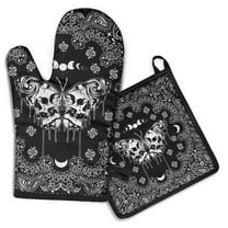Black Gothic Skull Butterfly Pattern Kitchen Oven Mitt and Pot Holder Sets 2 Pcs for Baking, Cooking and Grilling, Heat Resistant Up To 392 °F