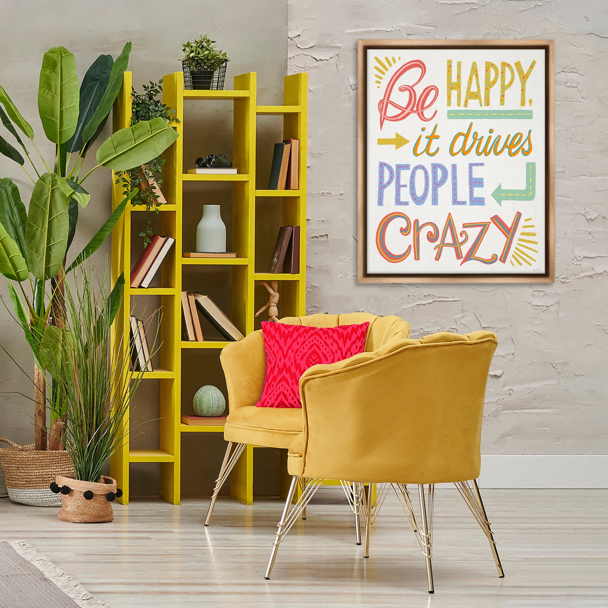 Stupell Industries Bright Be Happy Phrase Typography Painting Brown Floater Framed Art Print Wall Art, 25 x 31