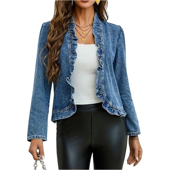 Sewkxo Women's Ruffled Denim Jackets Long Sleeve Open Front Jean Cropped Top Coat 2026 Trendy Jean Jackets,Blue L
