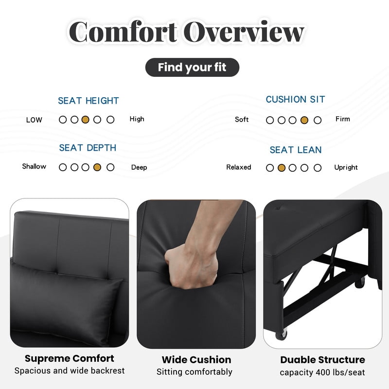 PU Leather Convertible Sleeper Sofa Bed, Adjustable Oversized Chaise Lounge Loveseat Couch with 3 USB Charging Ports