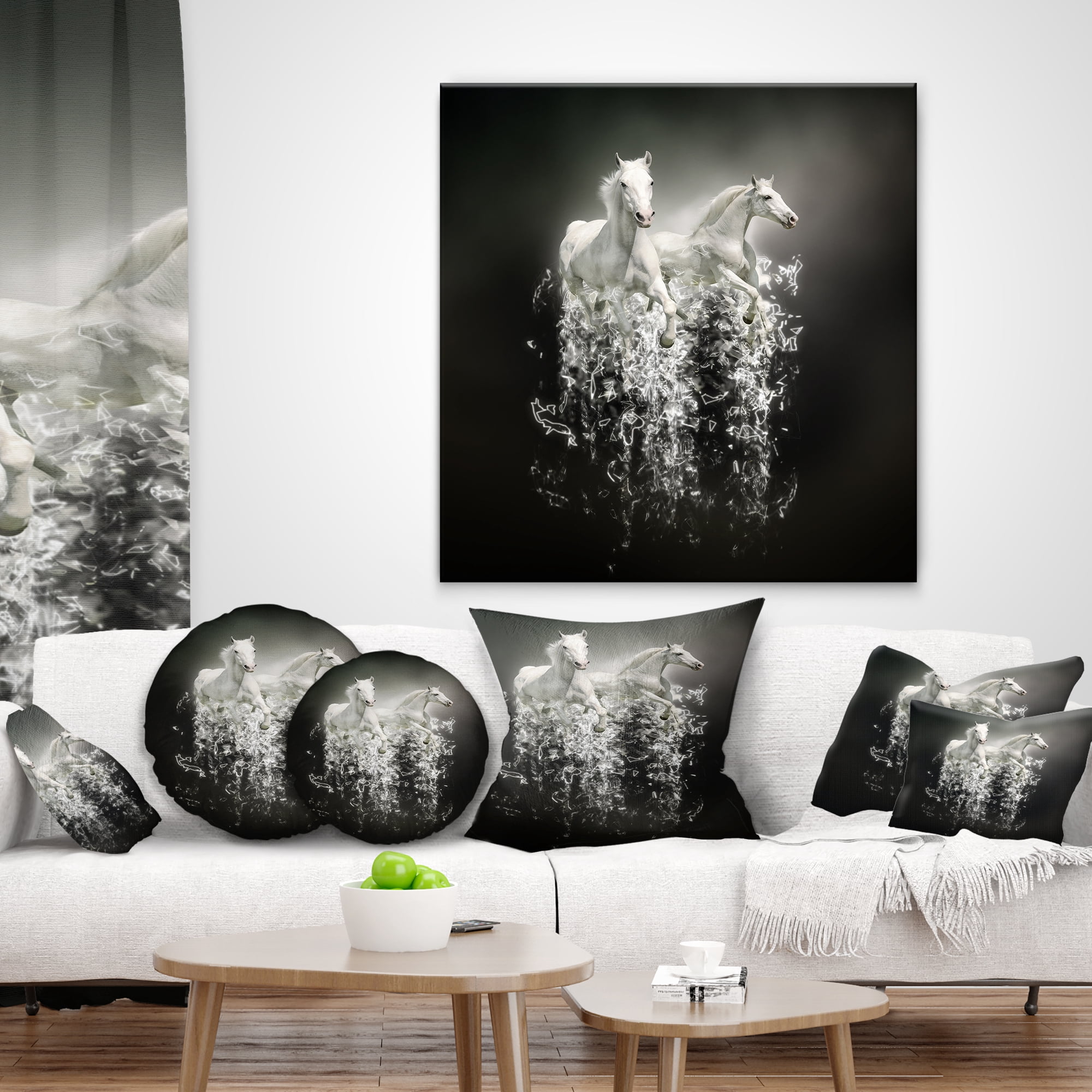 Designart Fantasy White Horses on Black - Animal Throw Pillow - 12x20