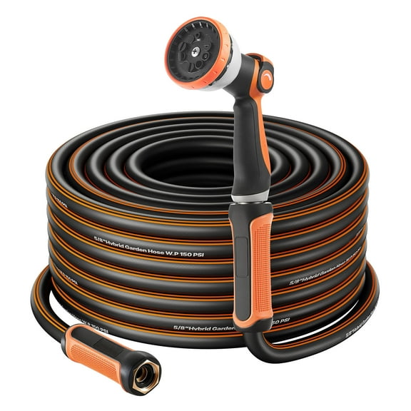 KFFKFF 200 ft 5/8" Durable Rubber Garden Hose with 10-Mode Spray Nozzle, 150PSI Working Pressure & 600PSI Burst Strength, Flexible Outdoor Water Hose with 3/4" Connector, Lightweight Design
