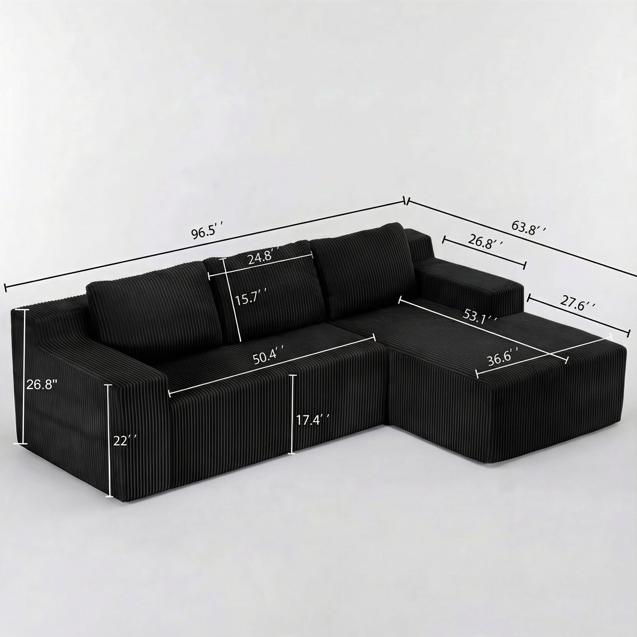 Foam-Filled Compressed Boneless 3-Seat Sectional Sofa with Chaise, Corduroy Modular Upholstered L-Shaped Couch Set
