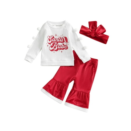 

AMILIEe Toddler Baby Girl Pants Suit Long Sleeve Letters Print Knit Shirt + Bell-Bottoms Trousers + Headband
