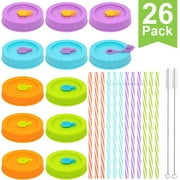 REGULAR Mouth Mason Jar Lids for Ball, Kerr, etc with Straw Hole/Straws/Silicone Stoppers/Rings/Clean Brush, BPA Free Colored Plastic Canning Jar Drinking Lids & Food Storage Caps 26 Pack