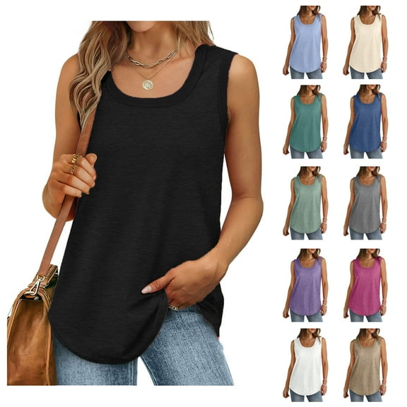 Frostluinai Womens Tank Tops Summer Loose Sleeveless Tops Ribbed Trim Scoop Neck Curved Hem 2025 Plus Size Solid Long Tanks Tees