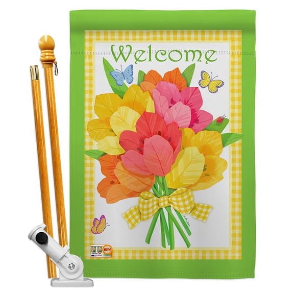 Breeze Decor BD-SH-HS-100053-IP-BO-D-US12-AM 28 x 40 in. Welcome Flower Bouquet Inspirational Sweet Home Impressions Decorative Vertical Double Sided House Flag Set with Pole Bracket Hardware
