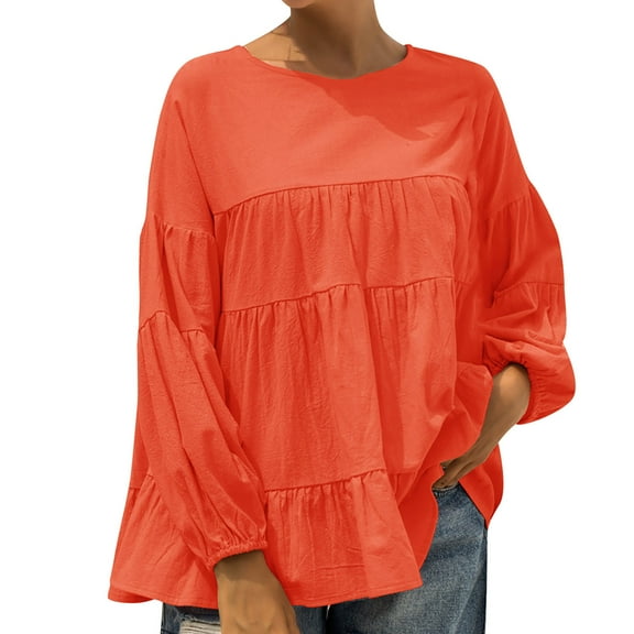 Babysbule Womens Shirts Women's Casual Loose Round Neck Solid Color Long Sleeve Shirt Tops Blouse