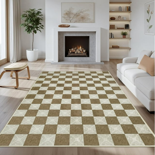 Washable Checke Rug x Low Pile Area Rug for Living Room Bedroom Nursery Modern Neutral Farmhouse Checkerboard Carpet Pet Kid Friendly