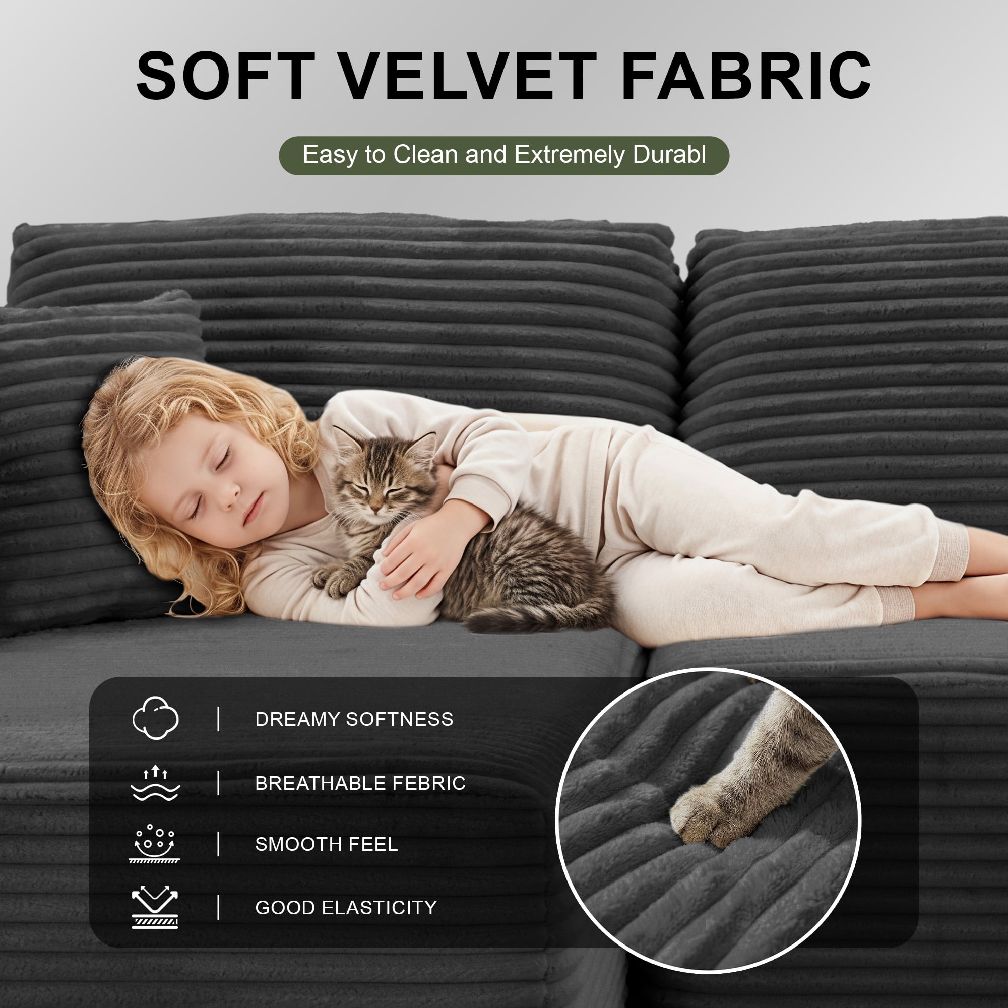 MAYEERTY Modern Corduroy Modular Sectional Sofa - Boneless Couch for Apartments & Studios, 104"W x 67"D Gray