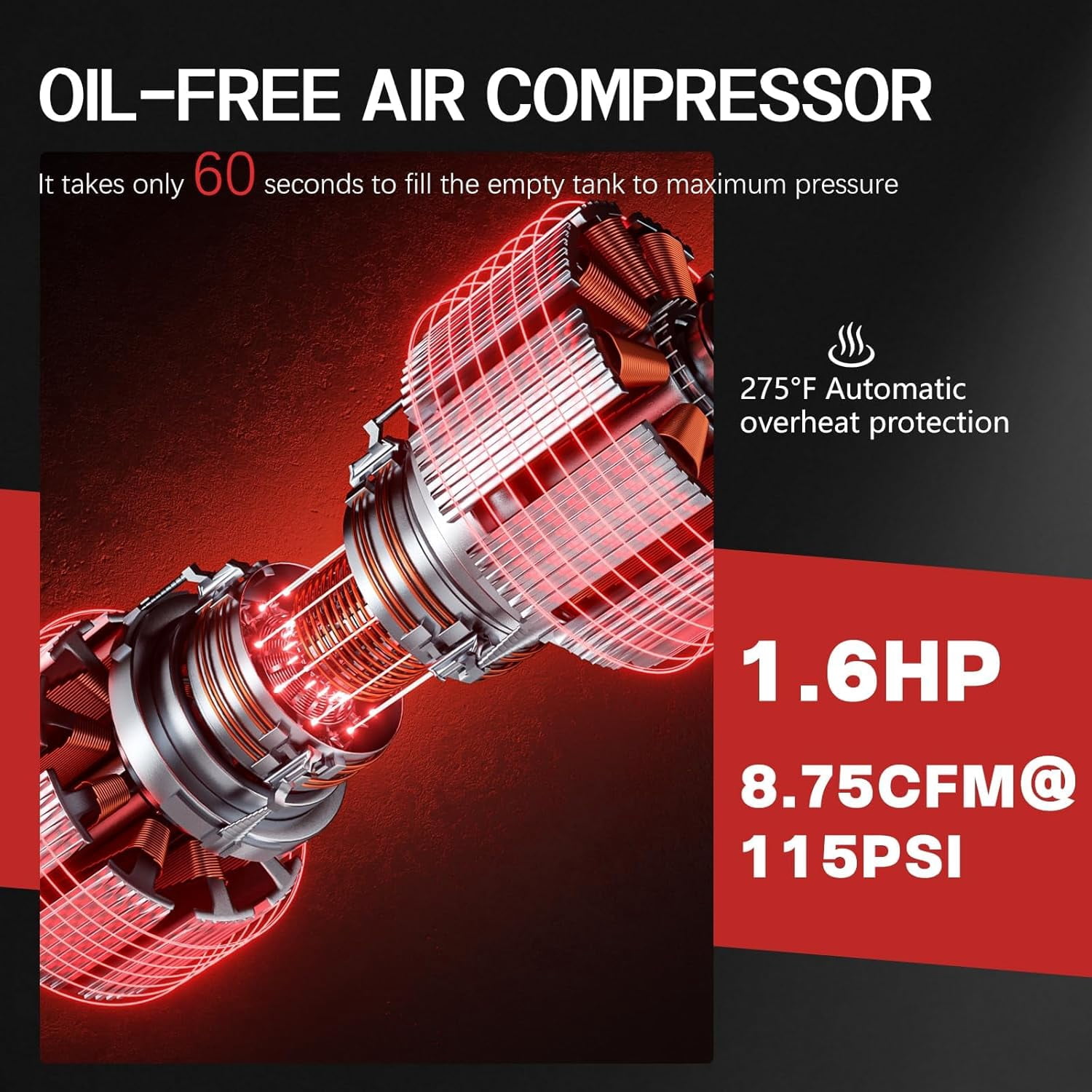 8Gal Portable Ultra Quiet Air Compressor, Max 115PSI 1.5HP 4.52CFM 70dB Low Noise Oil-Free Air Compressor for Auto Repair, Bike Tires, Garage Spray Painting 110V/60Hz