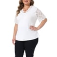 thumbnail image 4 of Agnes Orinda Women's Plus Size V Neck Lace Short Sleeve Elegant Spring Summer Tunic Ribbed Knit Blouse 1X White, 4 of 6