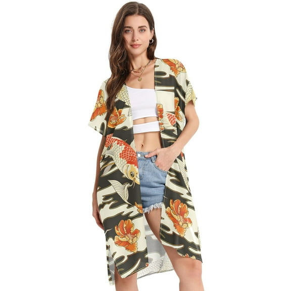 Beach Vacation Clothes Kimono Cardigan Loose Swimsuit Cover Up for Women Asian Goldfish S