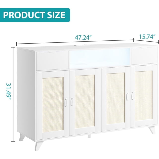 Bingirl 4-Rattan-Door, 2-Drawer Sideboard Buffet Cabinet: Built-In Power Outlet, USB Ports, LED Lighting, Adjustable Shelves, Anti-Tip Kit - Classic Natural Design for Dining & Living Rooms