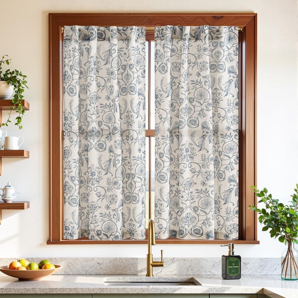 Cortinas de Ventana Jinchan Floral de 45 cm de Lino para Cocina - 2 Paneles