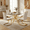 Table and 4 White Chairs Gold Leg, variant on Sumdeal Modern 5-Piece Dining Set, 42" Round Tempered Glass Table with Gold Base & 4 Black PU Leather C-Frame Chairs for Kitchen & Small Dining