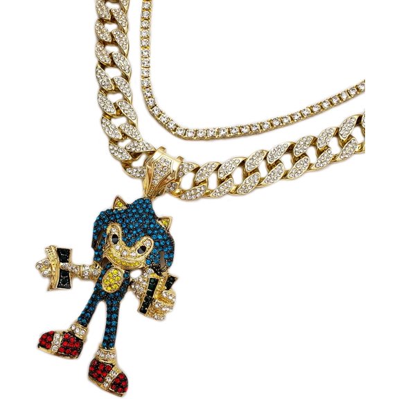 Hip Hop Iced Gold Plated Cubic Zirconia Super Sonic Pendant & 15mm 18" Iced Fashion Cuban Chain & 4.2mm 18" 1 ROW DIAMOND Choker Chain Necklace Set