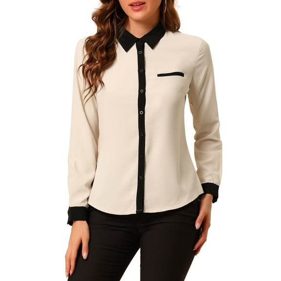 Unique Bargains Women's Color Block Button Down Long Sleeve Work Shirt 3XL Beige