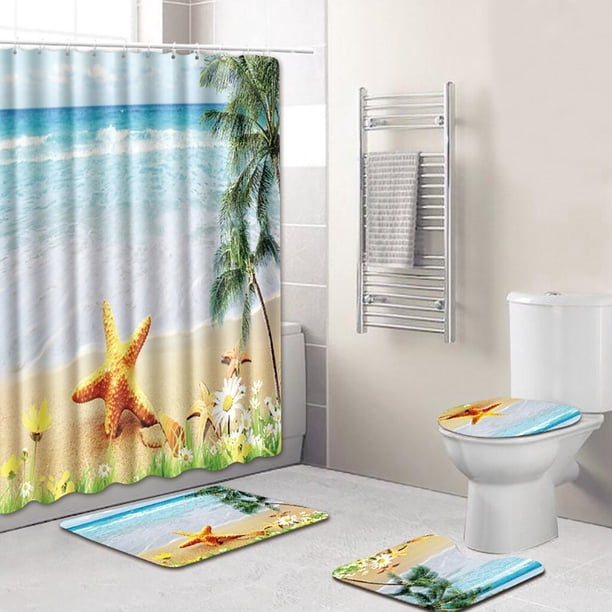 Juego de cortinas de ducha antideslizantes para baño, estilo marino, 4 unidades
