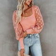 thumbnail image 5 of Arlun,Elegant Lace Splicing Long Sleeve Shirts for Women Trendy Plain Dotst Printed Sheer Puff Sleeve Fall Thin Tshirts Women's Elastic Slim Fit Soft Comfy Tops Pink XXL, 5 of 7