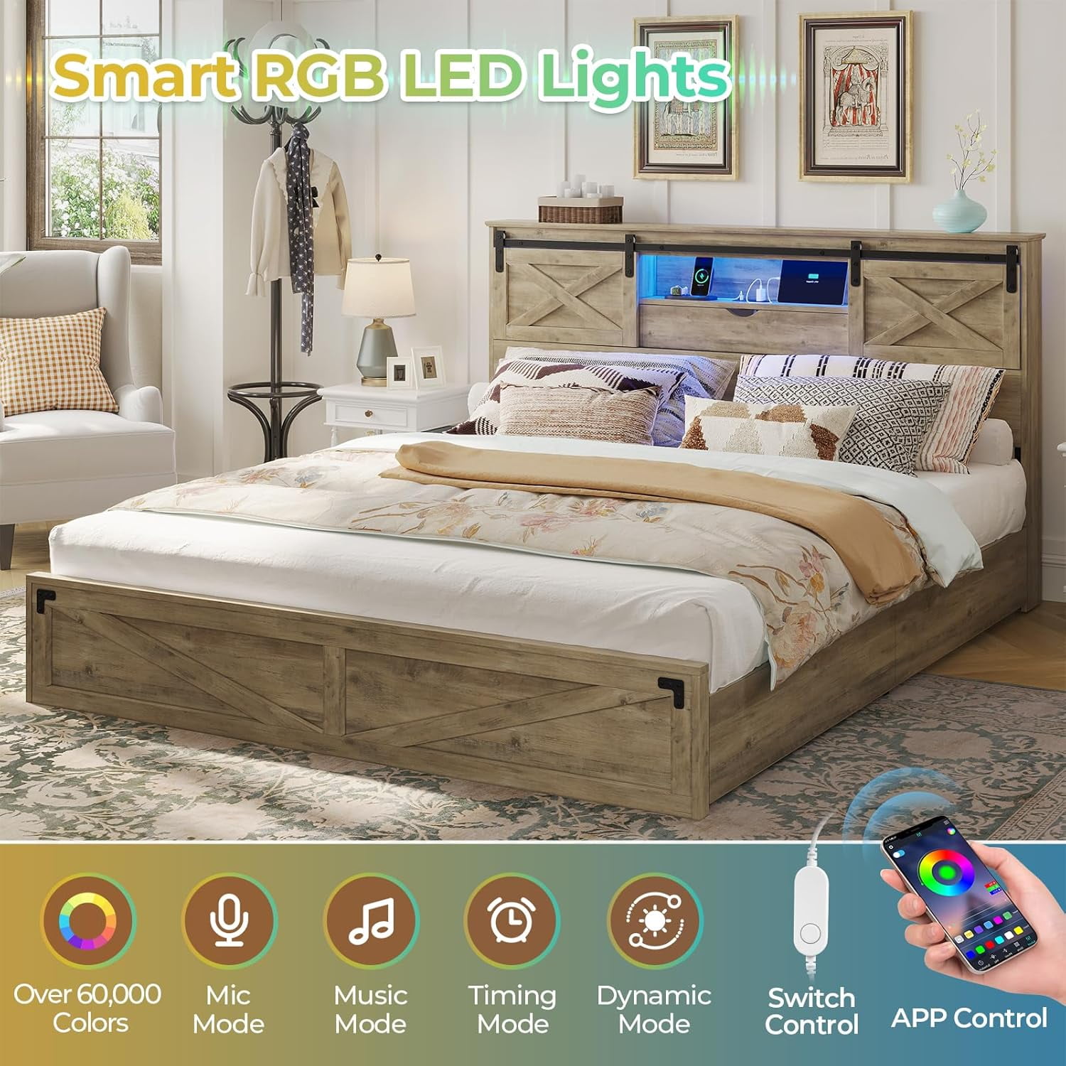 Farmhouse California King Size Bed Frame with LED Lights, Charging Station, Wooden California King Bed with Storage Bookcase Headboard, 2 Drawers, Country Rustic Bed Frame with Sliding Barn Door,Gray
