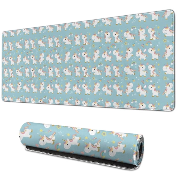 Long Mouse Pads for Desk,Light Blue Cartoon Unicorn Pattern Desk Mats on Top Of Desks, Desk Mouse Pad Extra Large with 3mm Non-Slip Base and Stitched Edge for Gaming,Office,Work,Home 31.5"x11.8"