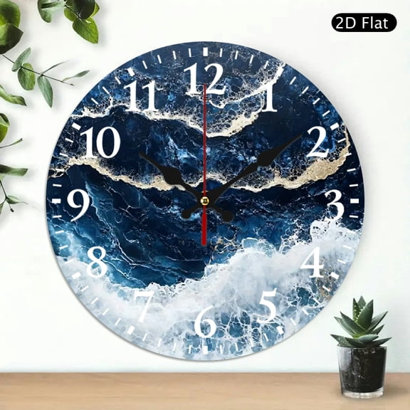 Round Wall Clock With Abstract Ocean Wave Pattern Navy Blue And Gold Decor 10x10 Inch 1pc Battery Not Included