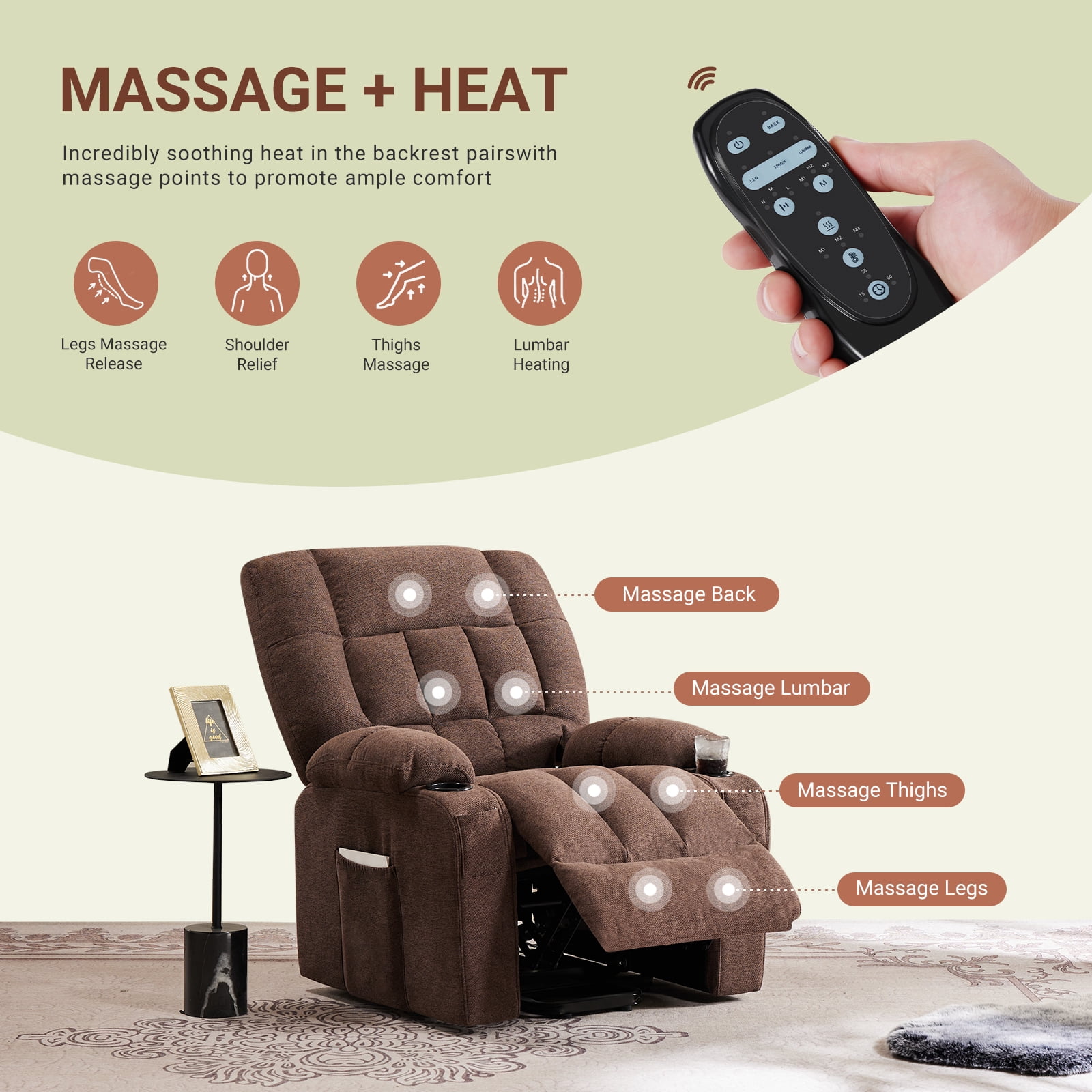 CONCETTA Elderly Recliner with Massage and Heating, Home Theater Recliner Chair with Lumbar Support and Remote Control, For Home Office Living Room, Brown