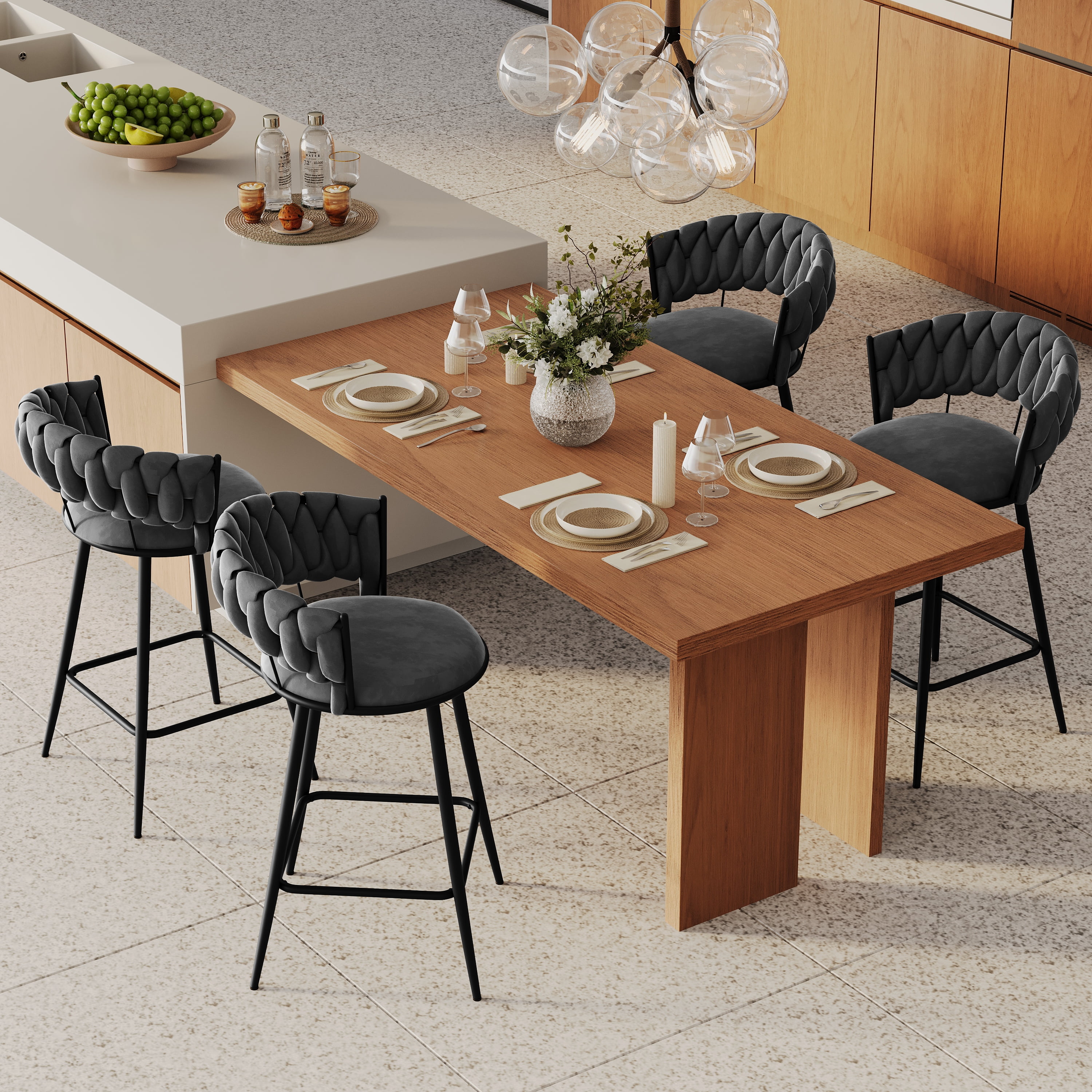 Andeworld 24'' Barstools set of 4, Modern Velvet Bar Stools with Woven Back, Counter Height Barstools with Upholstered Seating, Square Footrest, Grey
