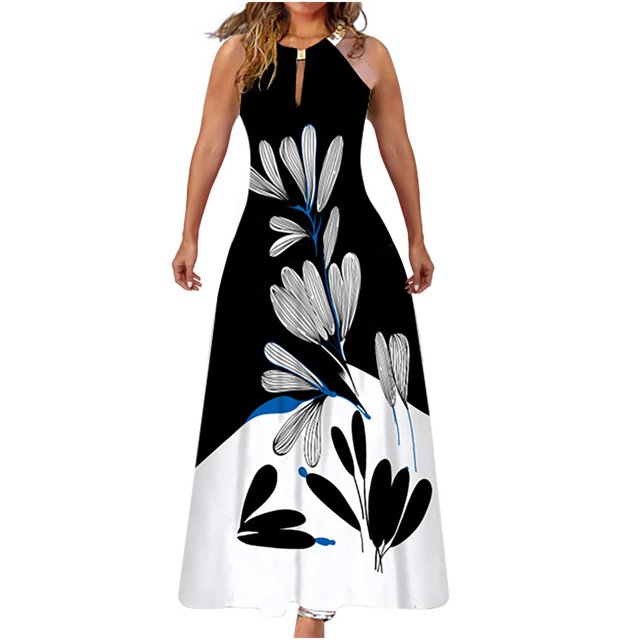 Vestido sin mangas con hombros descubiertos y cuello redondo estampado a la moda de verano para mujer Pompotops ghjkhdj6492