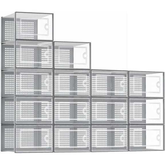 15-Pack XL Shoe Storage Box, Clear Shoe box Plastic Stackable Shoe Organizer for Closet, Space Saving Foldable Shoe Rack Sneaker Container Bin Holder(gray)