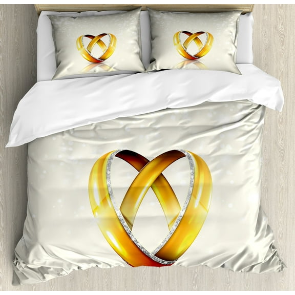 Wedding Duvet Cover Set, 2 Big Rings on Abstract Background Marriage Engagement Print, Decorative 3 Piece Bedding Set with 2 Pillow Shams, Queen Size, Yellow Orange Eggshell, by Ambesonne